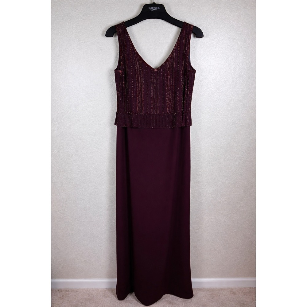 Daymor Couture Maxi Dress Suit Womens 16‎ Plum Beaded Elegant Minimalist Luxury